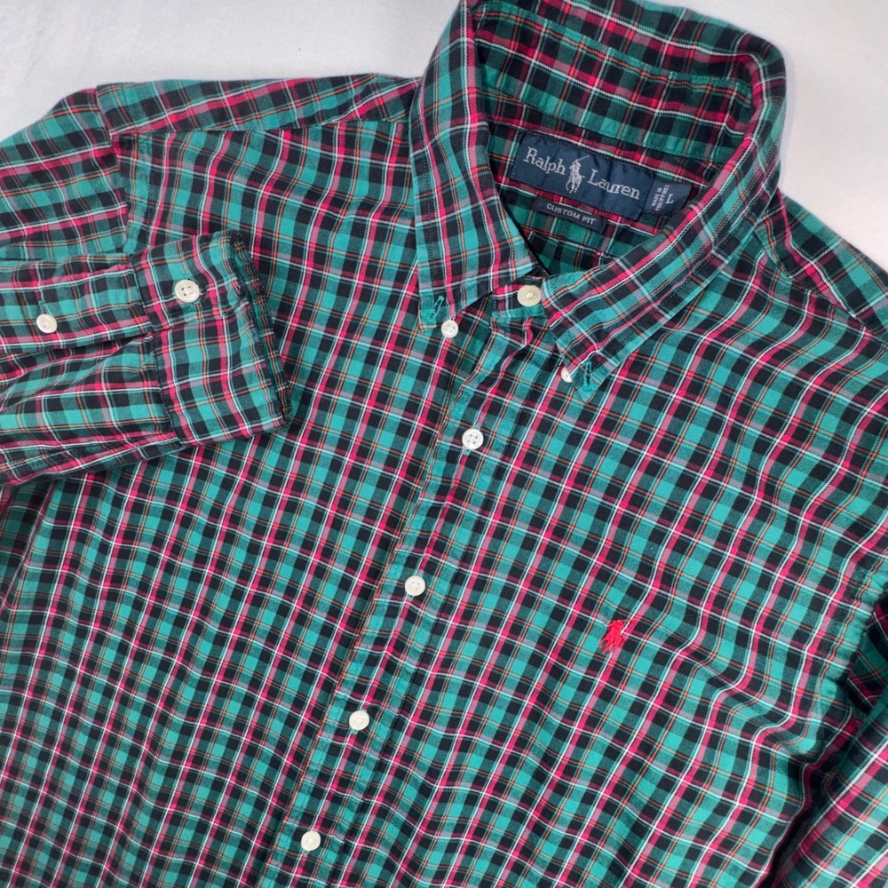 Ralph Lauren Button Down Shirt Mens L Teal Red Plaid Custom Fit Long Sleeve Pony